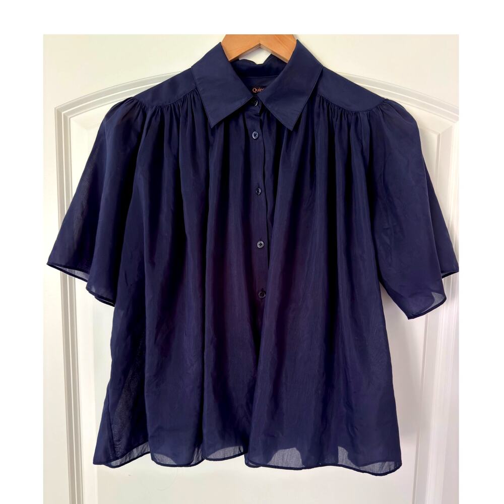 Quince Cotton-Silk Voile Short Sleeve Blouse Dark Navy Blue Size: XS